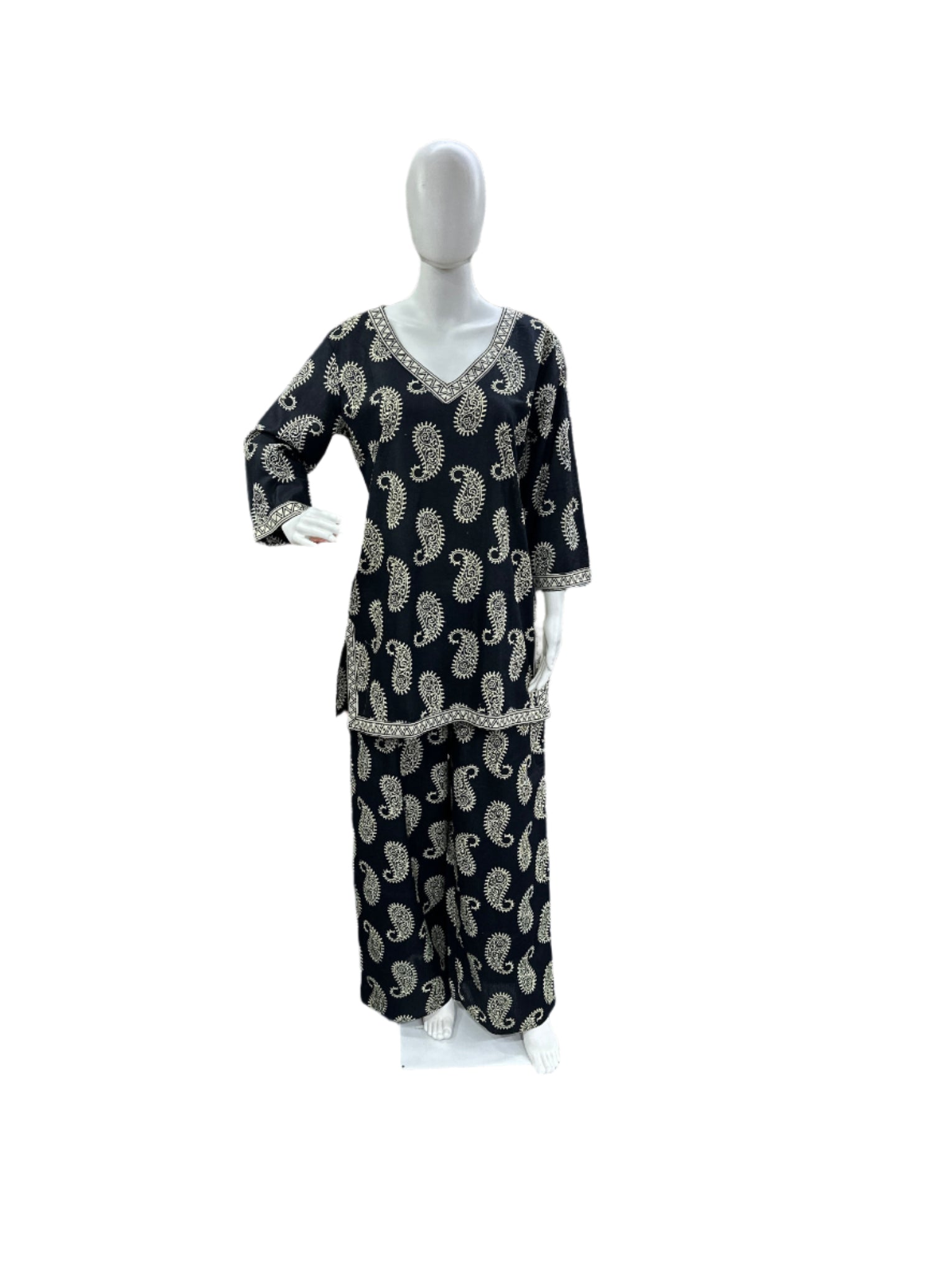 Cotton - V Neck short Co-Ord Set - Black