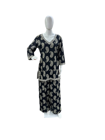 Cotton - V Neck short Co-Ord Set - Black