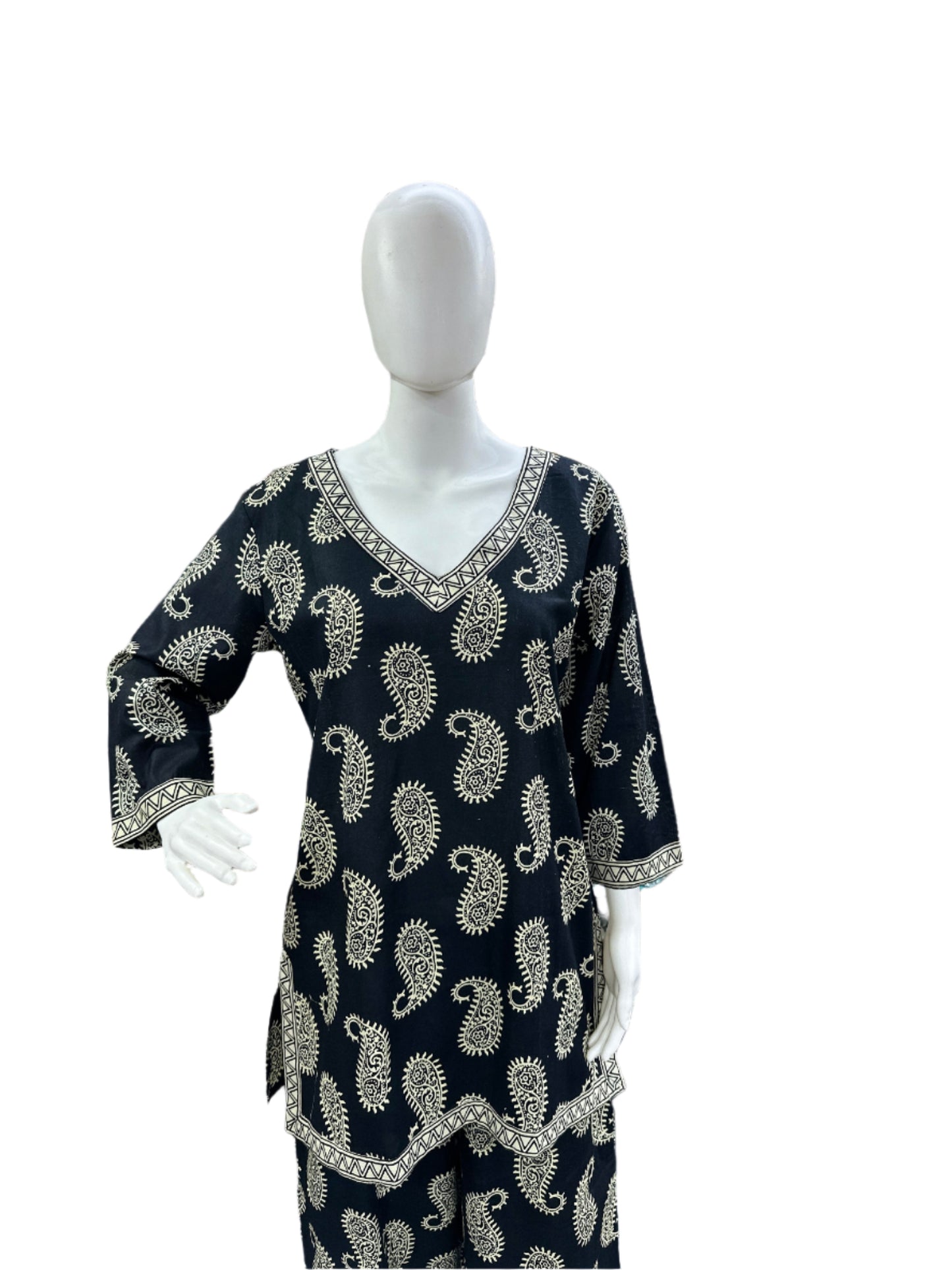 Cotton - V Neck short Co-Ord Set - Black