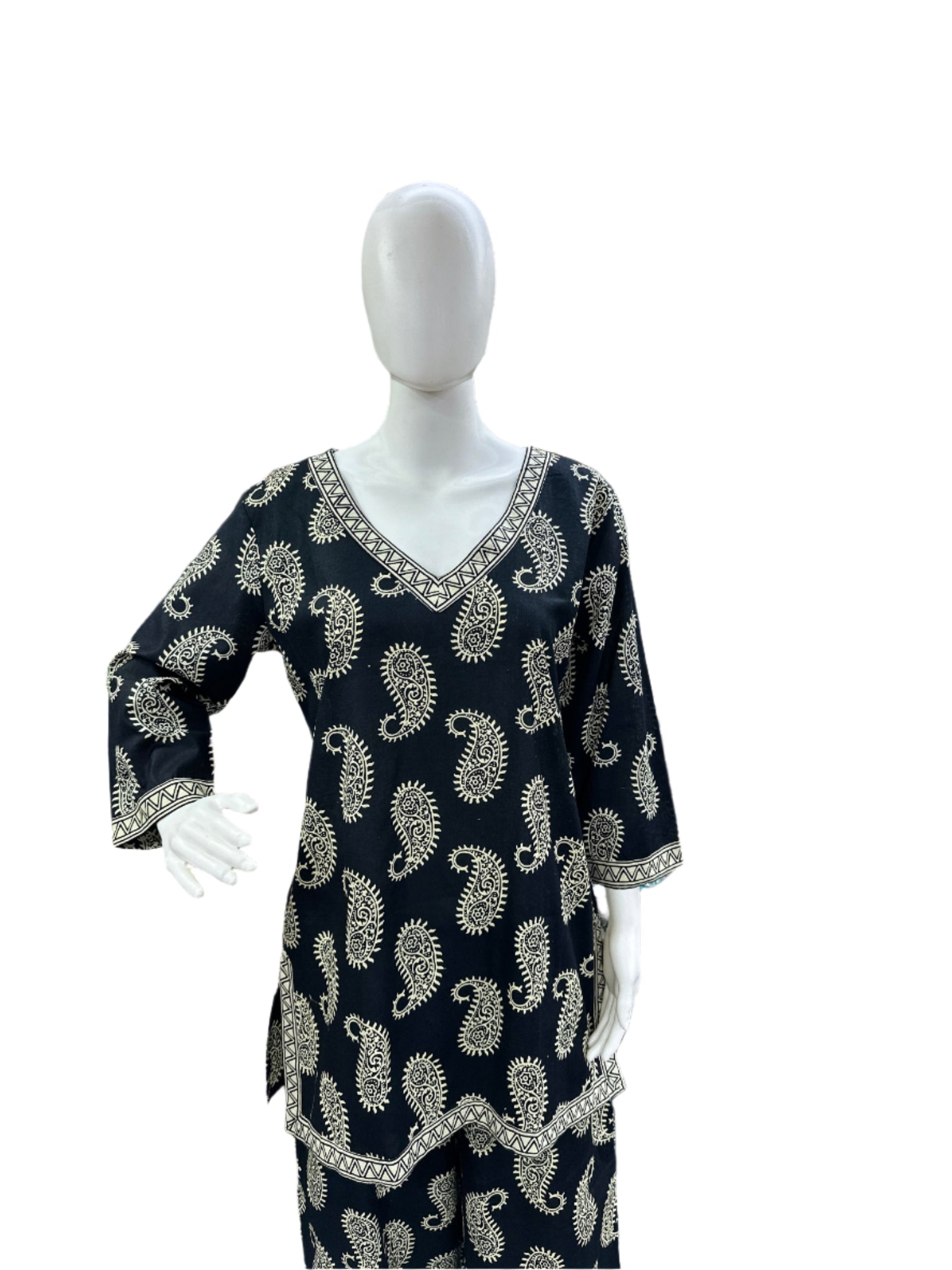 Cotton - V Neck short Co-Ord Set - Black