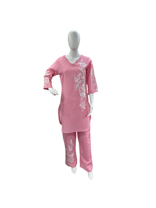 Cotton - Co-Ord Set with Embroidery - Pink