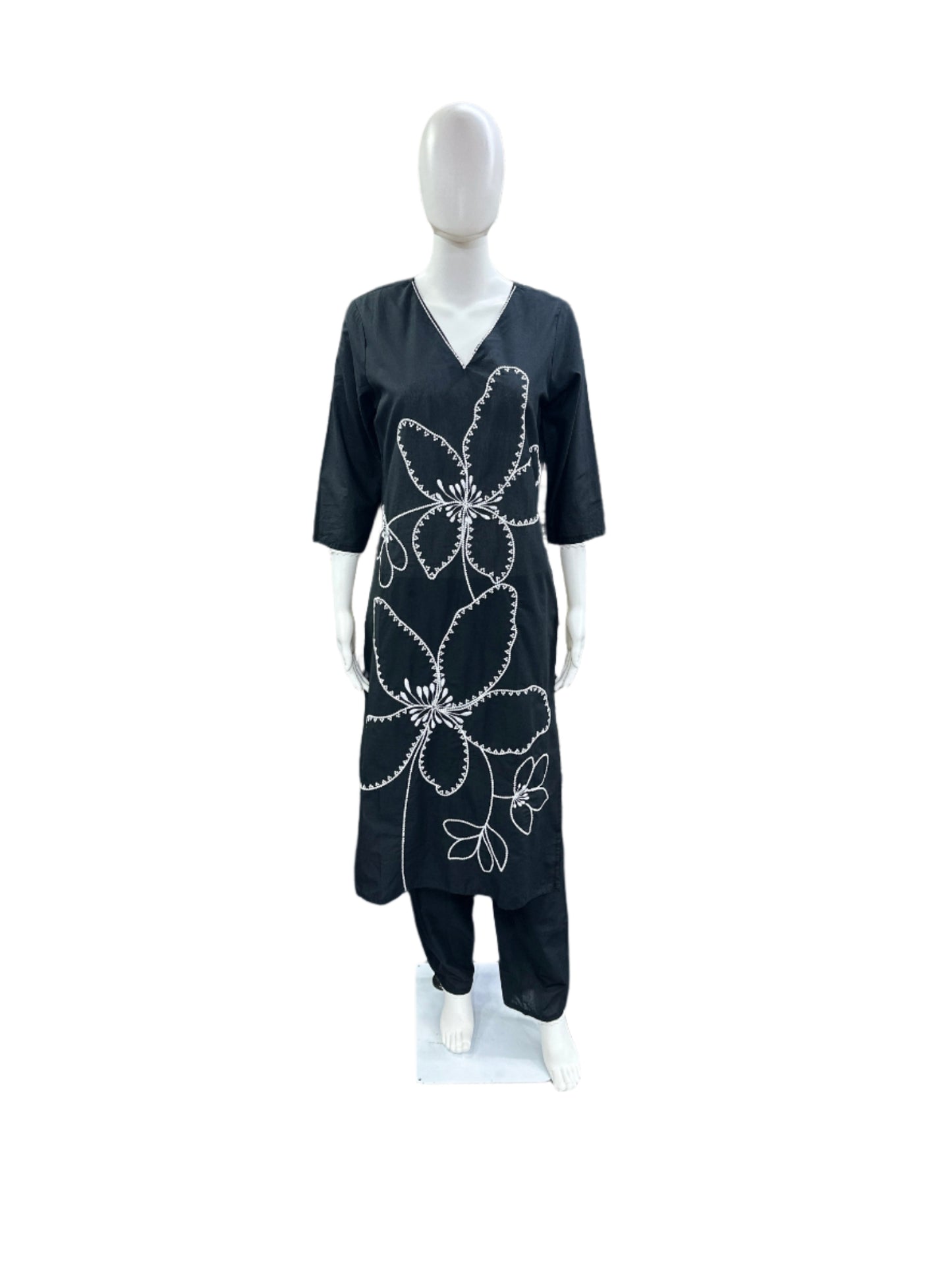 Breathable Cotton 3-Piece Ensemble - Romantic Floral Embroidery with Lightweight Mul Dupatta in Classic Black
