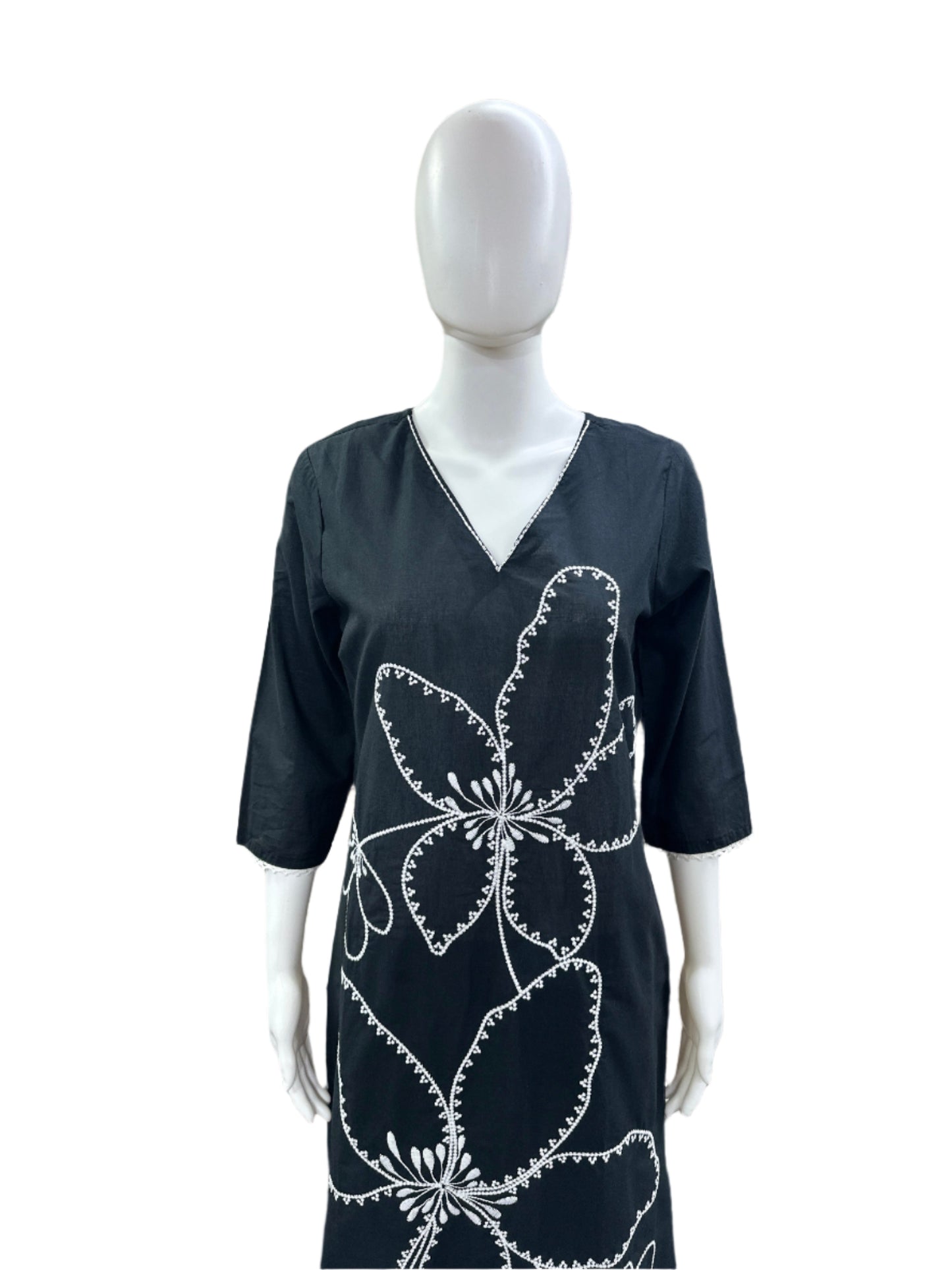 Breathable Cotton 3-Piece Ensemble - Romantic Floral Embroidery with Lightweight Mul Dupatta in Classic Black
