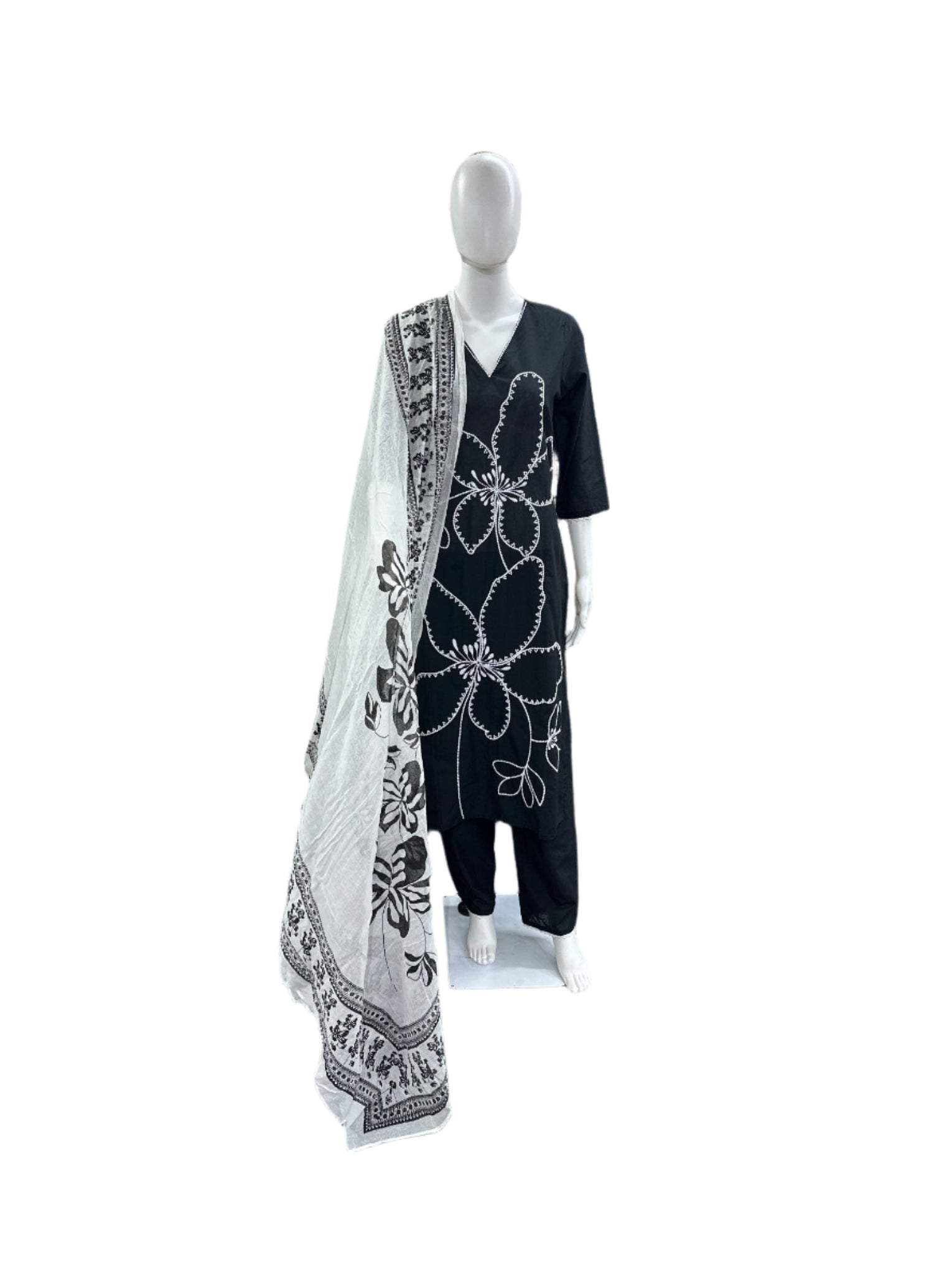 Breathable Cotton 3-Piece Ensemble - Romantic Floral Embroidery with Lightweight Mul Dupatta in Classic Black