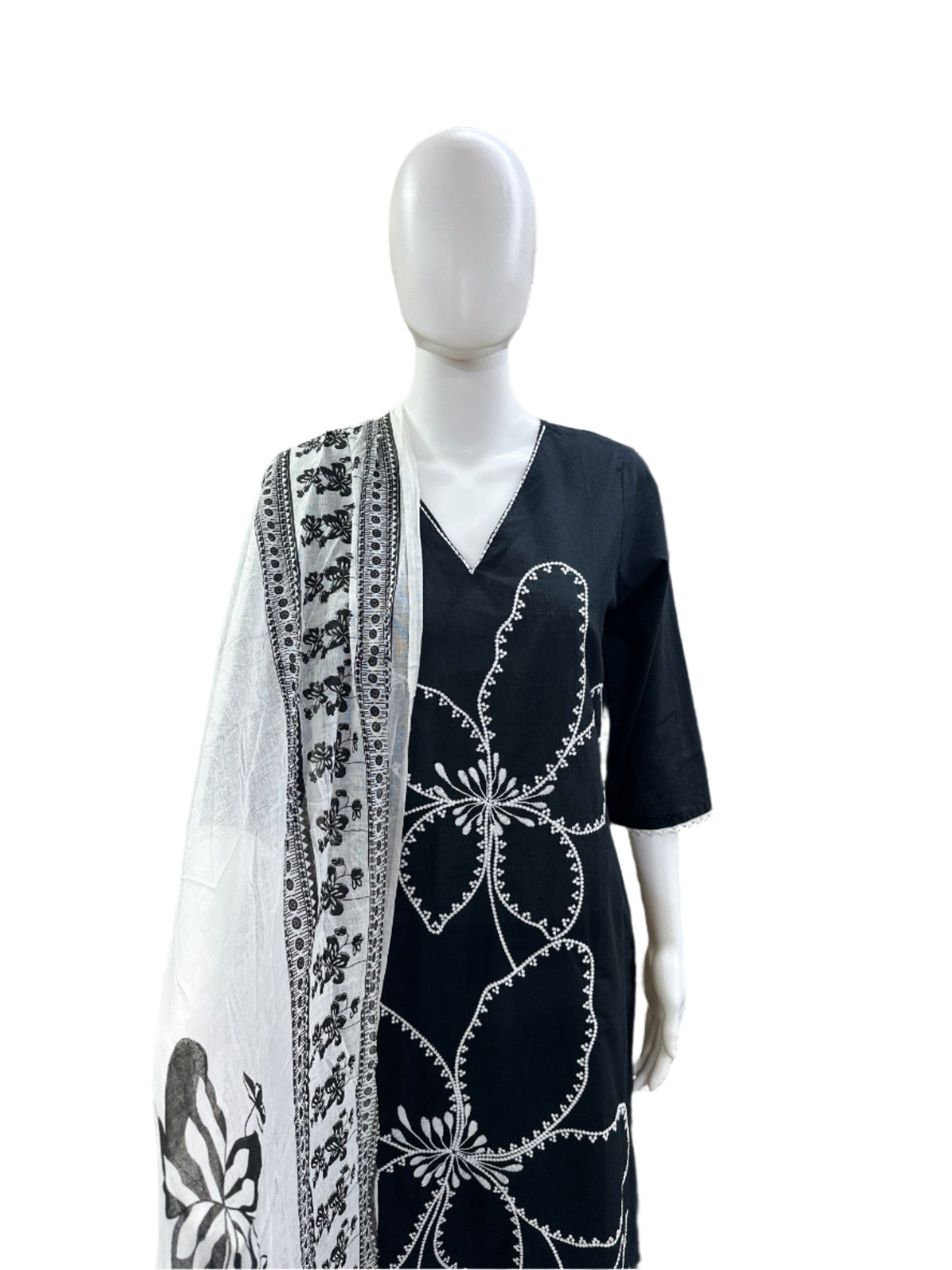 Breathable Cotton 3-Piece Ensemble - Romantic Floral Embroidery with Lightweight Mul Dupatta in Classic Black