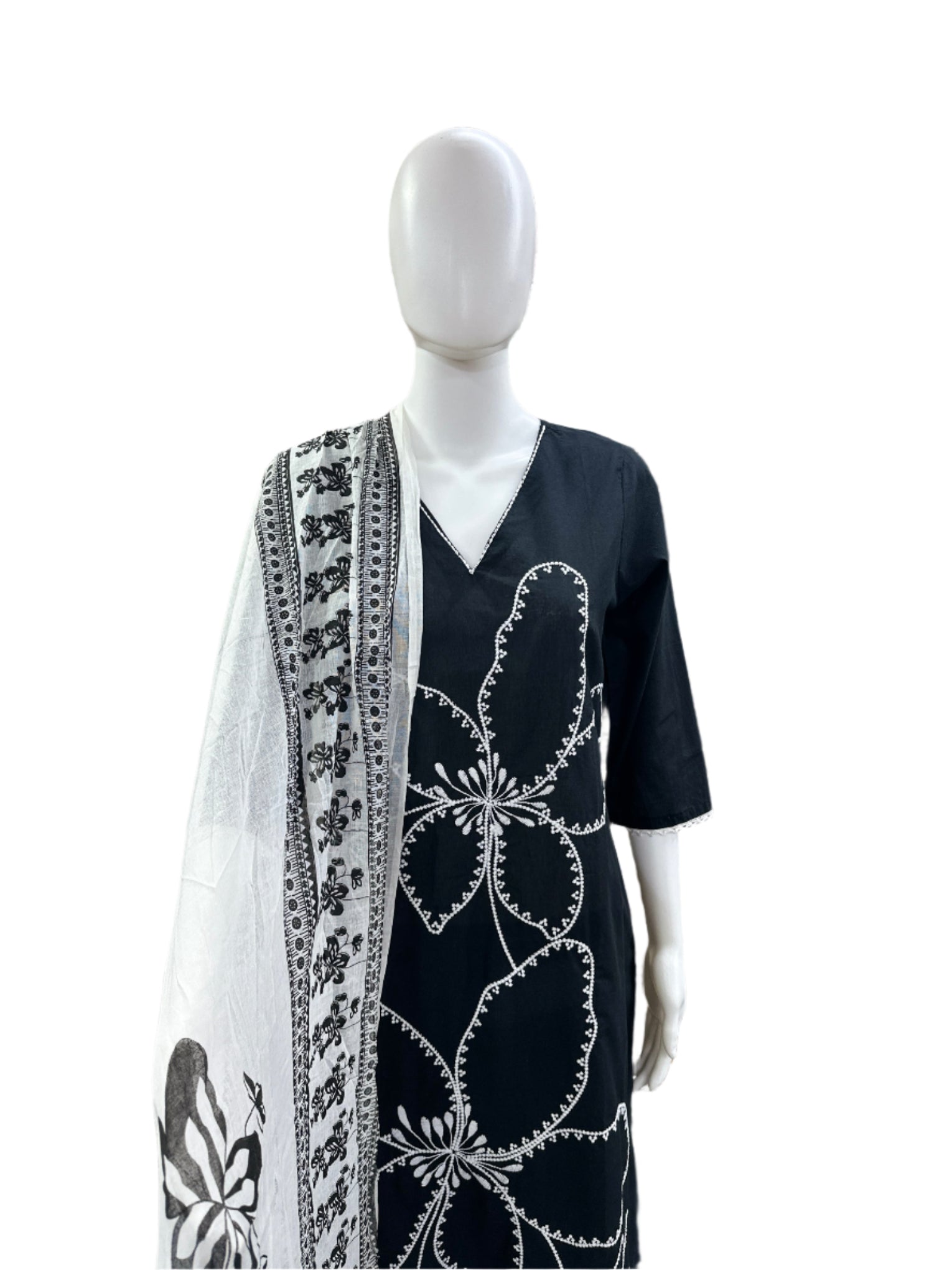 Breathable Cotton 3-Piece Ensemble - Romantic Floral Embroidery with Lightweight Mul Dupatta in Classic Black