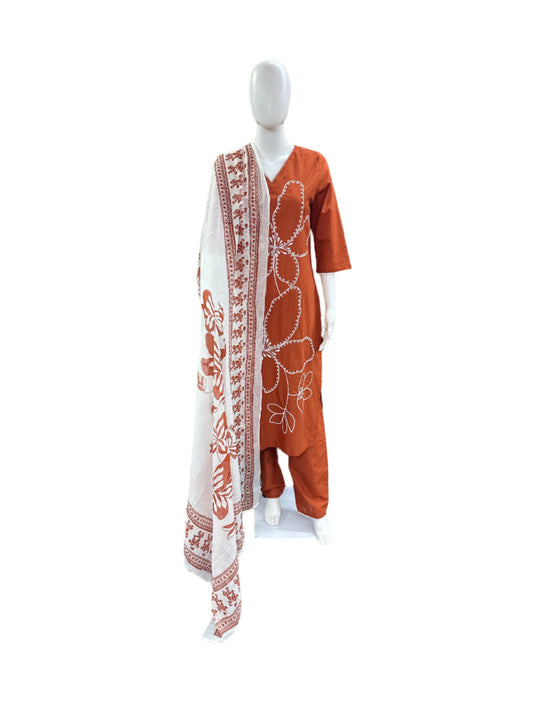 Breathable Cotton 3-Piece Ensemble - Romantic Floral Embroidery with Lightweight Mul Dupatta in Warm Rust