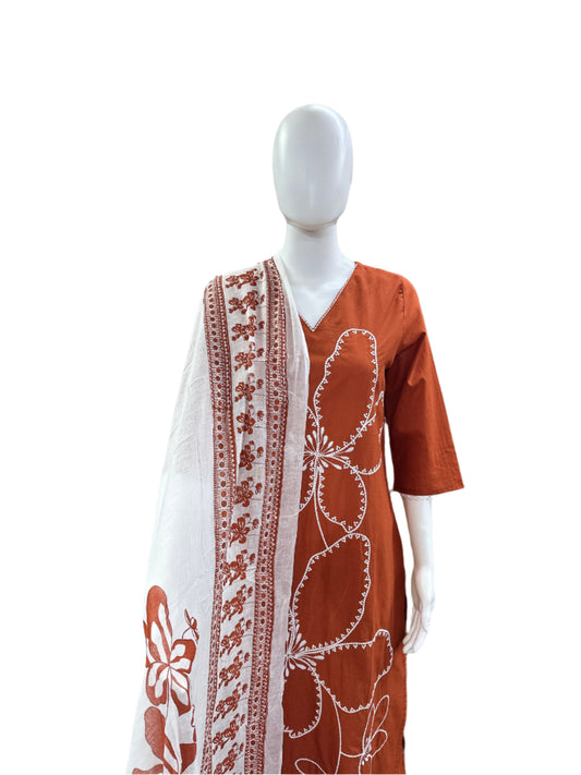 Breathable Cotton 3-Piece Ensemble - Romantic Floral Embroidery with Lightweight Mul Dupatta in Warm Rust