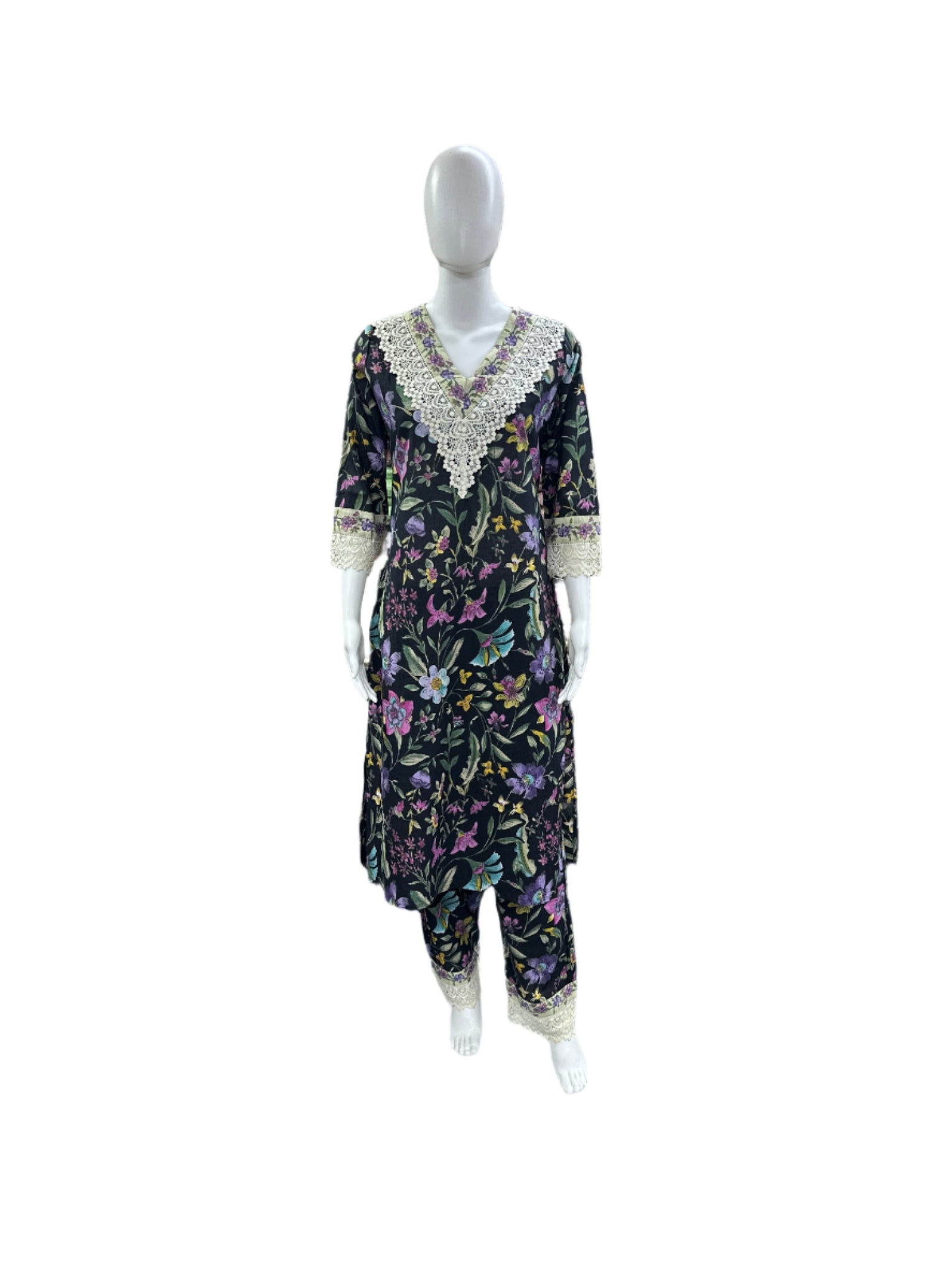 Cotton 3-Piece Floral Print Top Lace Yoke Pants - Black