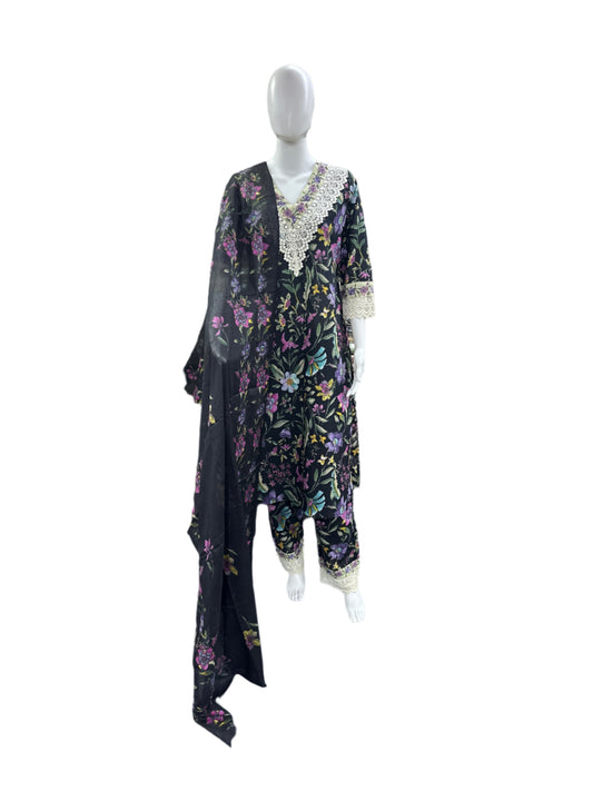 Cotton 3-Piece Floral Print Top Lace Yoke Pants - Black