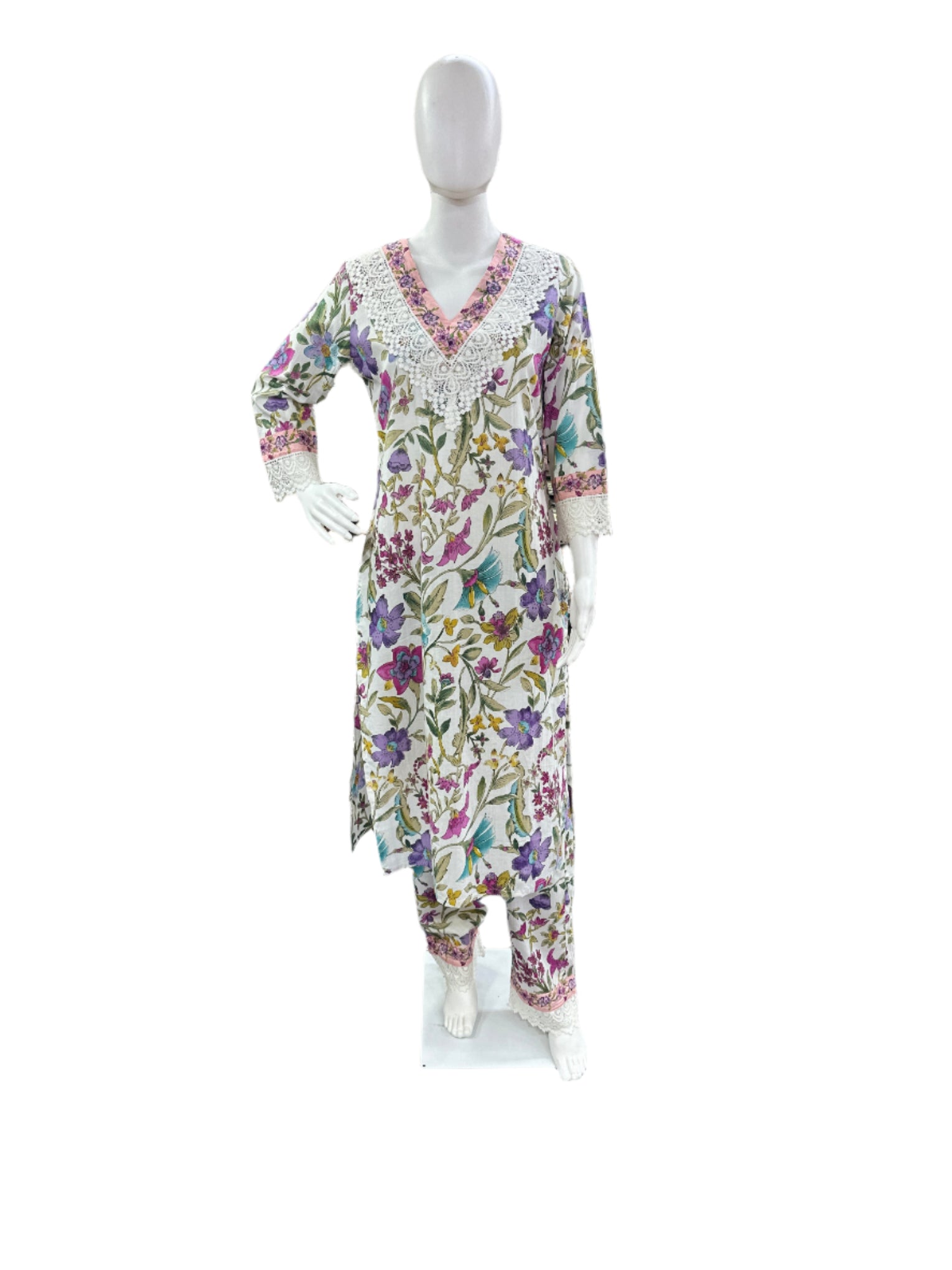 Cotton 3-Piece Floral Print Top Lace Yoke Pants - White