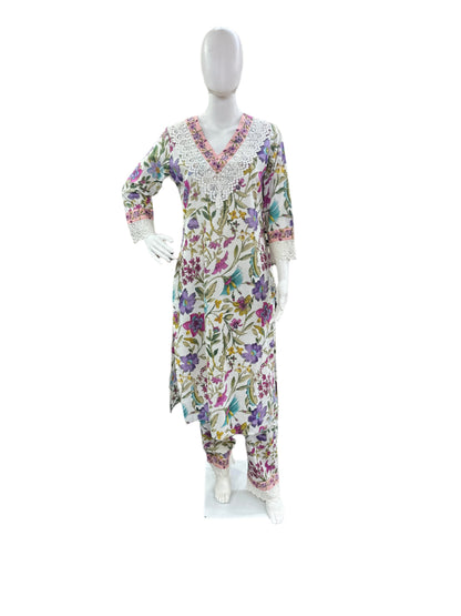 Cotton 3-Piece Floral Print Top Lace Yoke Pants - White
