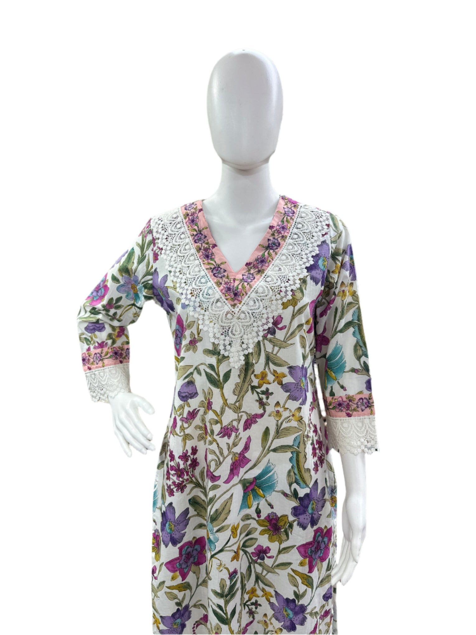 Cotton 3-Piece Floral Print Top Lace Yoke Pants - White