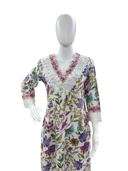 Cotton 3-Piece Floral Print Top Lace Yoke Pants - White