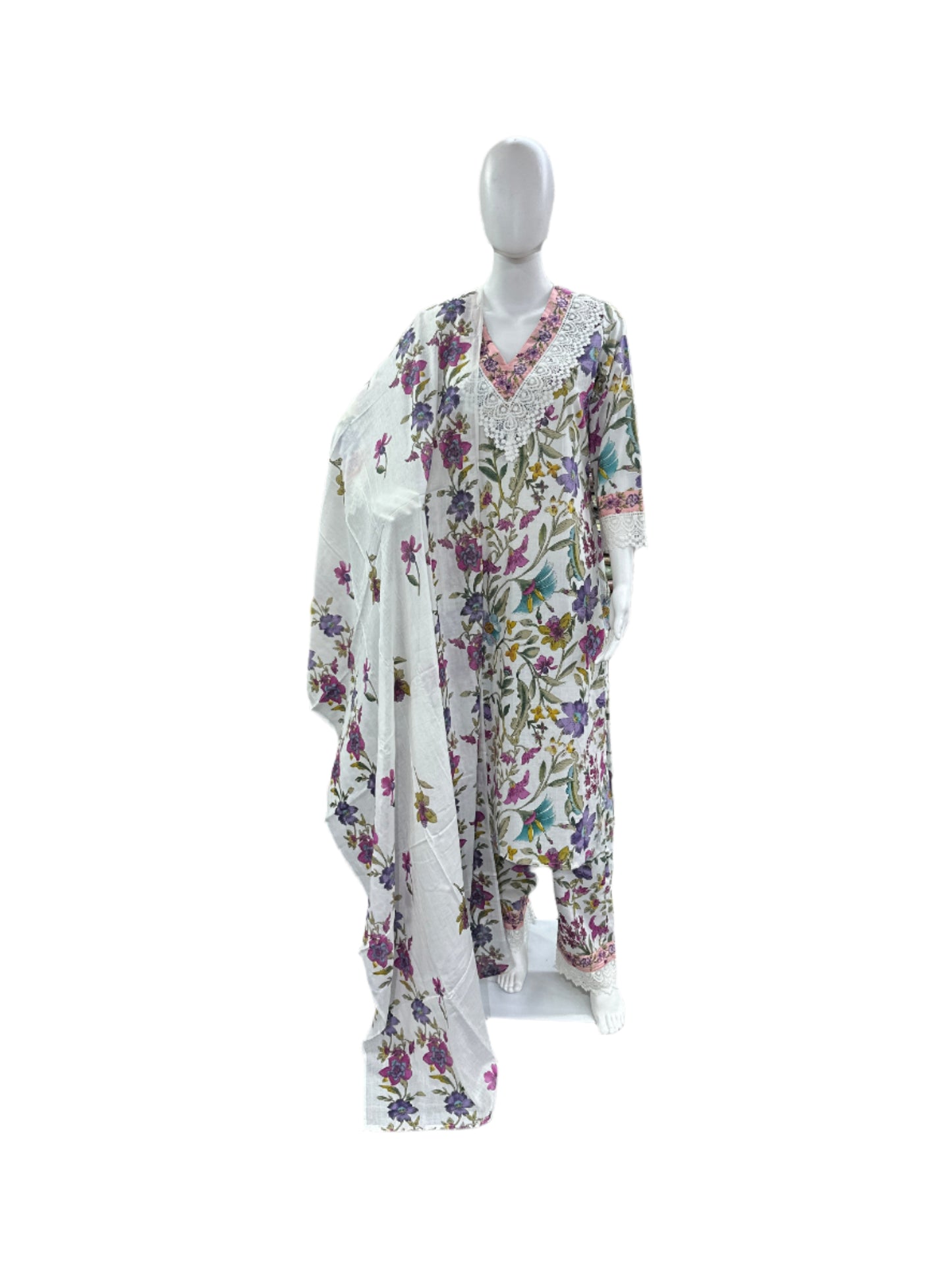Cotton 3-Piece Floral Print Top Lace Yoke Pants - White