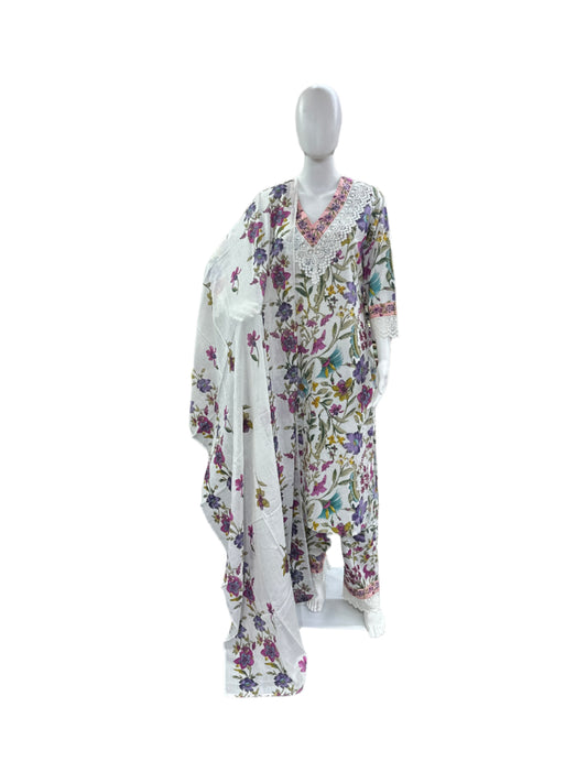 Cotton 3-Piece Floral Print Top Lace Yoke Pants - White