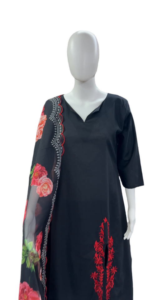Breathable Cotton 3-Piece Ensemble - Contemporary A-Line Top with Embroidered Pocket Detail in Classic Black