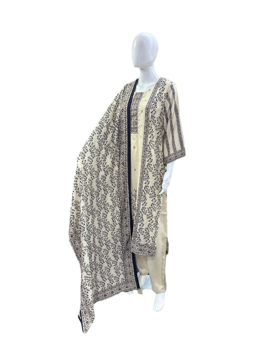 Muslin 3-Piece Ensemble - Romantic Floral Top with Bell Sleeves &amp; Sequence Work in Elegant Beige