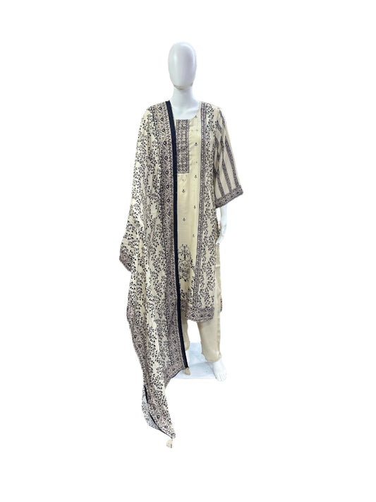 Muslin 3-Piece Ensemble - Romantic Floral Top with Bell Sleeves &amp; Sequence Work in Elegant Beige