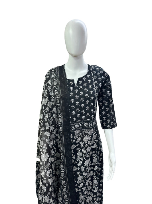 Breathable Cotton 3-Piece Ensemble - Romantic Floral Top with Panel Design &amp; Lightweight Mul Dupatta in Classic Black