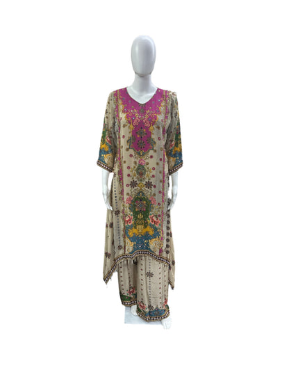 Luxurious Crepe 3-Piece Ensemble - Elegant A-Line Top with Mirror Work &amp; Tassels in Sophisticated Beige