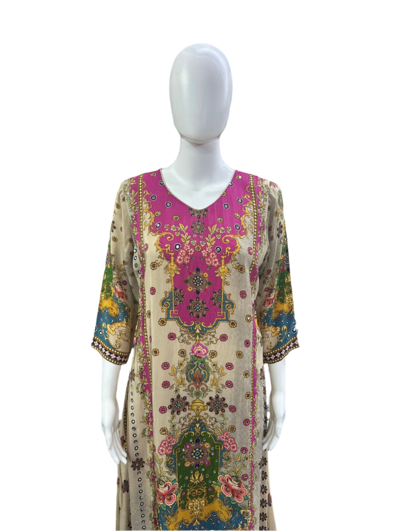 Luxurious Crepe 3-Piece Ensemble - Elegant A-Line Top with Mirror Work &amp; Tassels in Sophisticated Beige