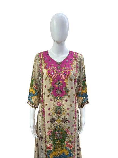 Luxurious Crepe 3-Piece Ensemble - Elegant A-Line Top with Mirror Work &amp; Tassels in Sophisticated Beige