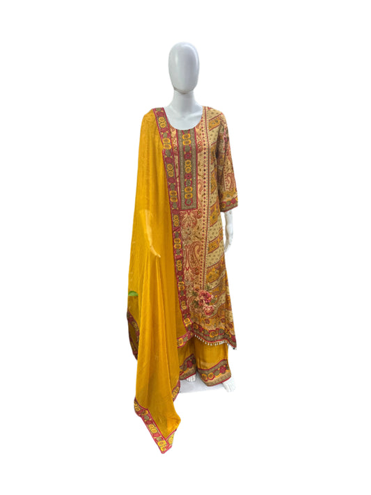 Breathable Muslin 3-Piece Ensemble - Graceful A-Line Top with Tassels &amp; Flowing Palazzo in Vibrant Yellow