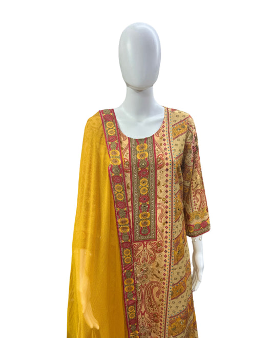 Breathable Muslin 3-Piece Ensemble - Graceful A-Line Top with Tassels &amp; Flowing Palazzo in Vibrant Yellow