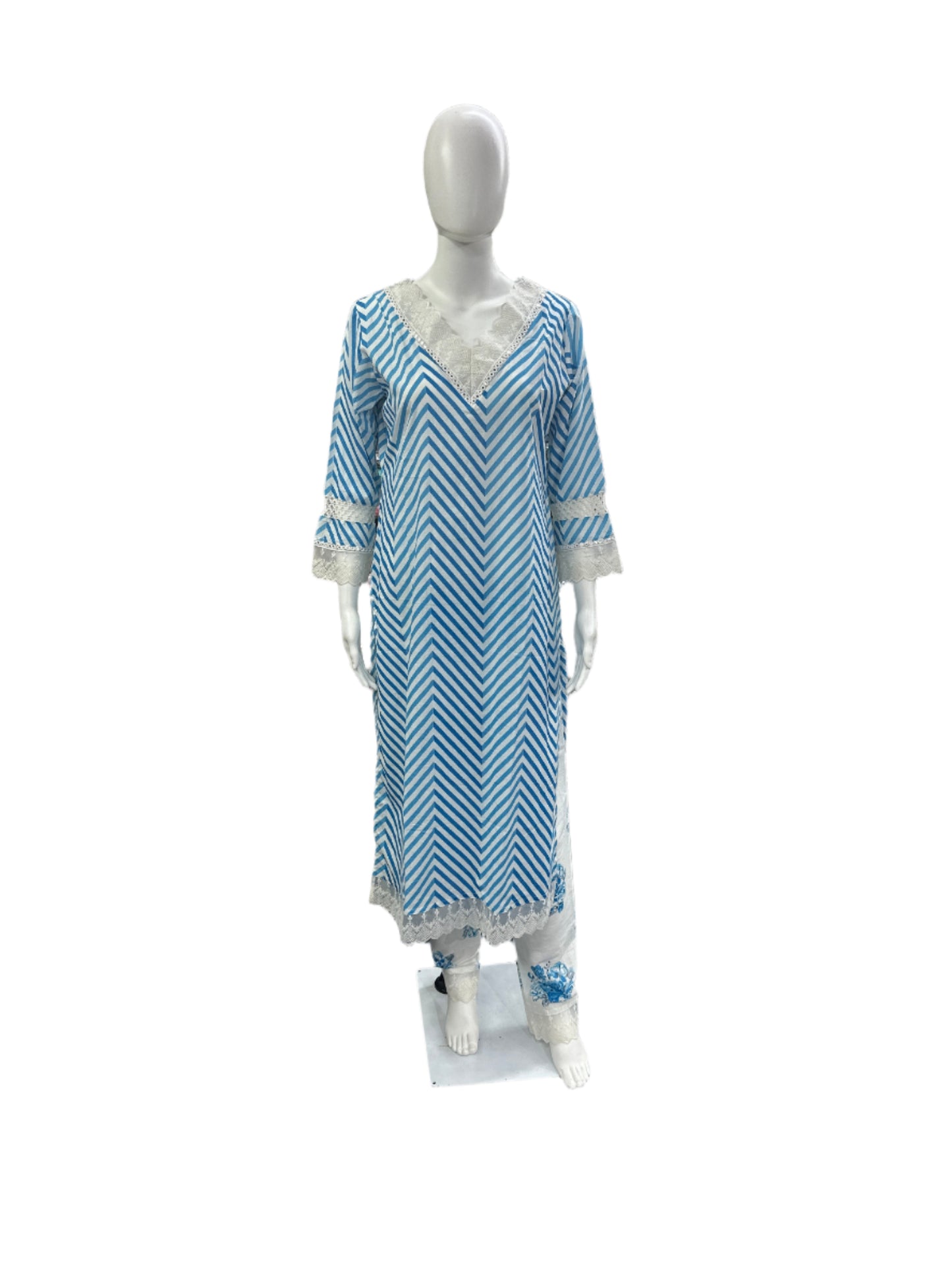 Breathable Cotton 3-Piece Ensemble - Contemporary Zig Zag Patterns with Delicate Lace Details in Serene Blue