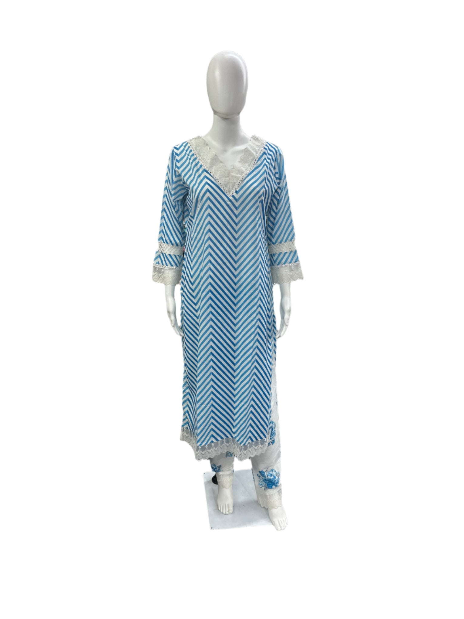Breathable Cotton 3-Piece Ensemble - Contemporary Zig Zag Patterns with Delicate Lace Details in Serene Blue