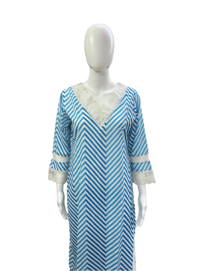 Breathable Cotton 3-Piece Ensemble - Contemporary Zig Zag Patterns with Delicate Lace Details in Serene Blue