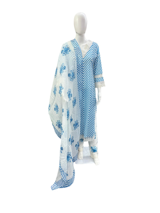 Breathable Cotton 3-Piece Ensemble - Contemporary Zig Zag Patterns with Delicate Lace Details in Serene Blue