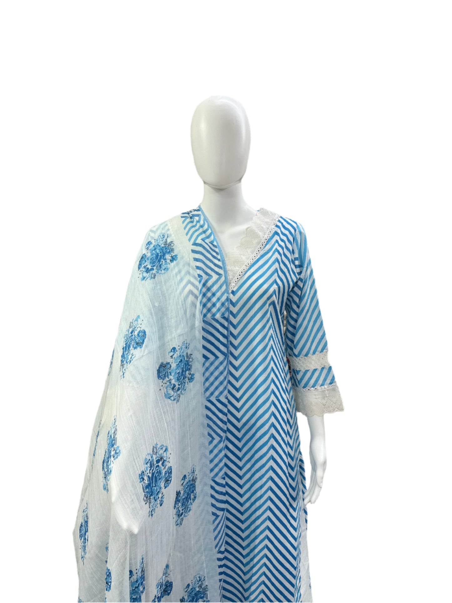 Breathable Cotton 3-Piece Ensemble - Contemporary Zig Zag Patterns with Delicate Lace Details in Serene Blue