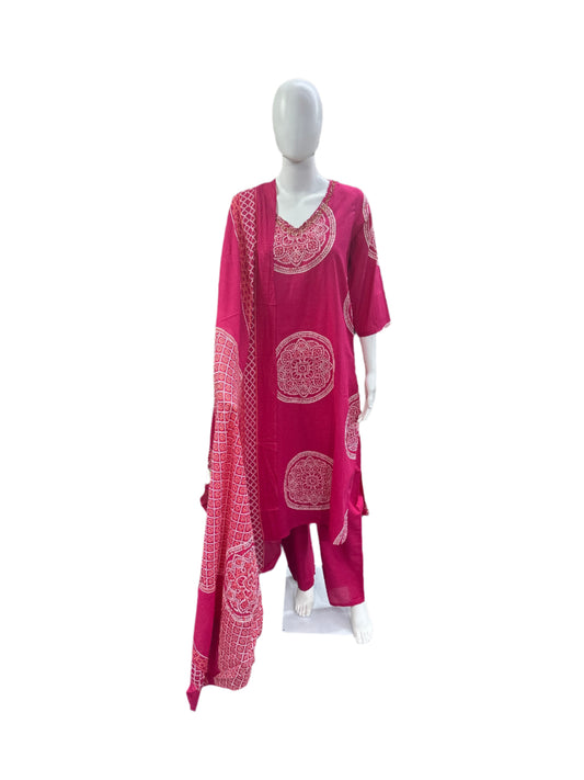 Breathable Cotton 3-Piece Ensemble - Traditional Bandhani Patterns with Exquisite Cutdana Work in Feminine Pink