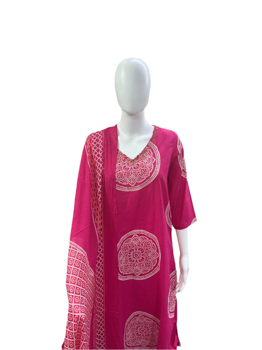 Breathable Cotton 3-Piece Ensemble - Traditional Bandhani Patterns with Exquisite Cutdana Work in Feminine Pink