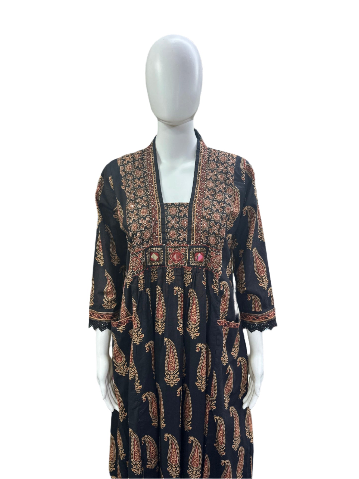 Breathable Cotton 3-Piece Ensemble - Exquisite Cutdana &amp; Mirror Work with Flowing Palazzo in Classic Black