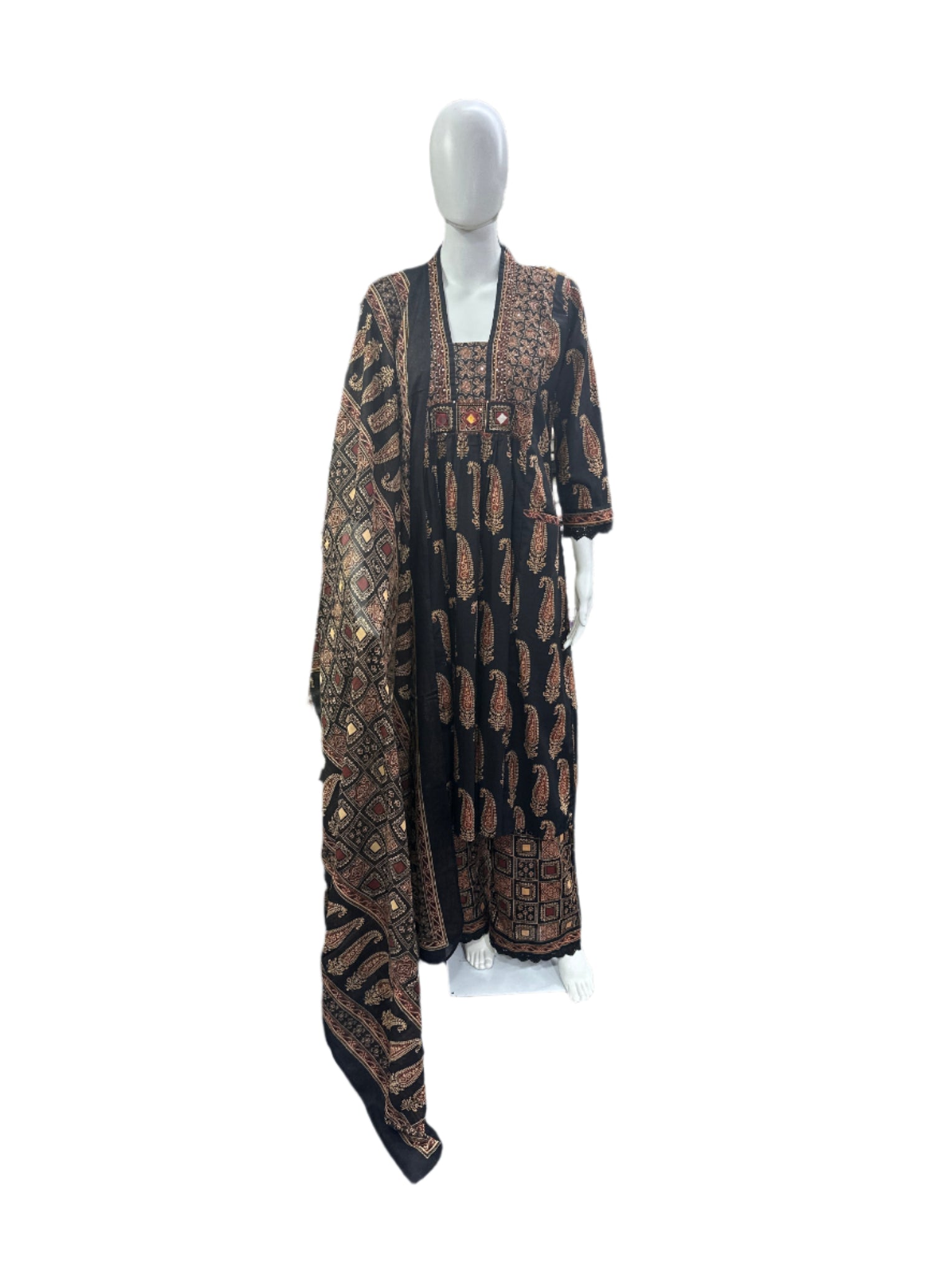 Breathable Cotton 3-Piece Ensemble - Exquisite Cutdana &amp; Mirror Work with Flowing Palazzo in Classic Black