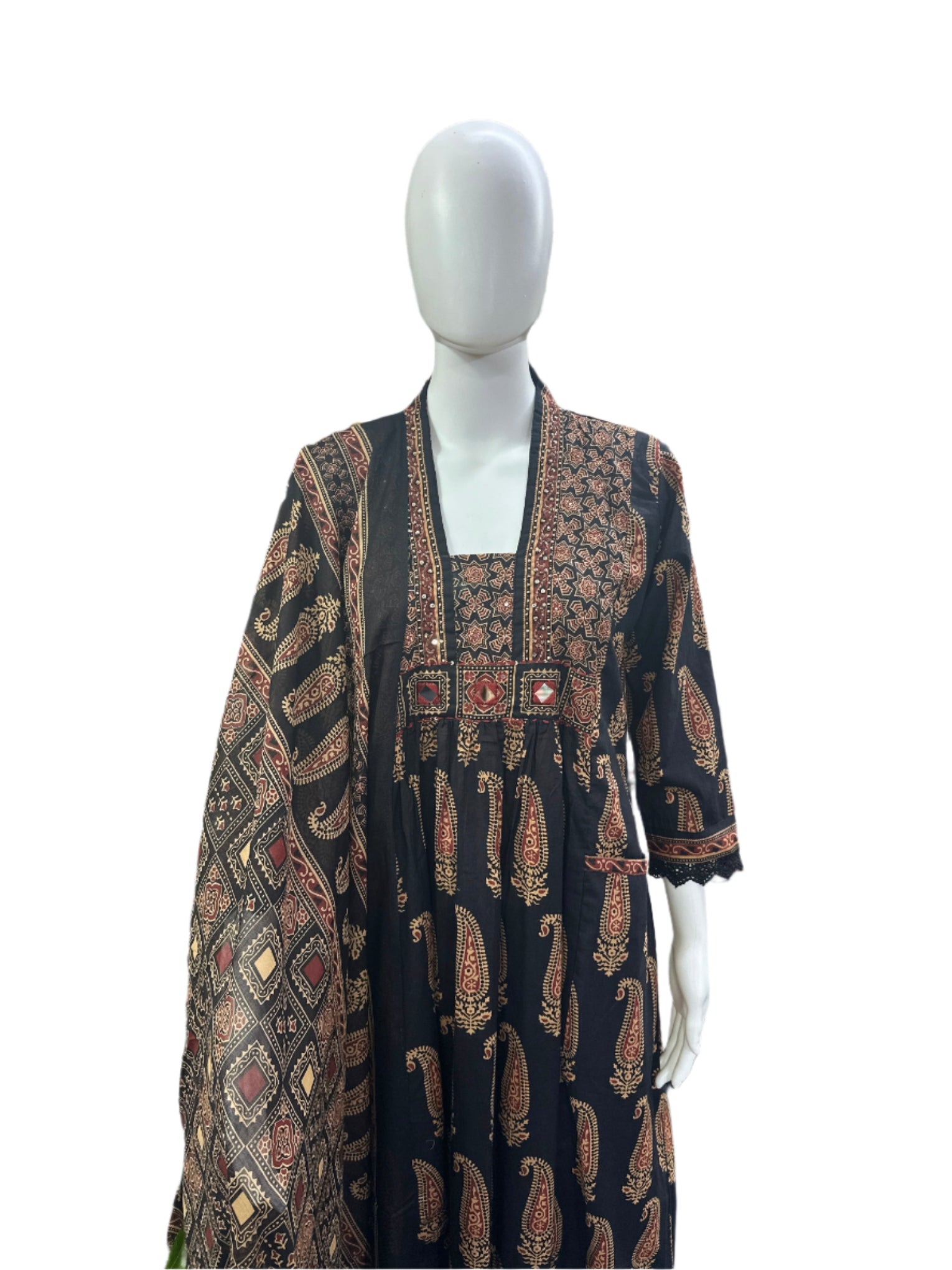 Breathable Cotton 3-Piece Ensemble - Exquisite Cutdana &amp; Mirror Work with Flowing Palazzo in Classic Black