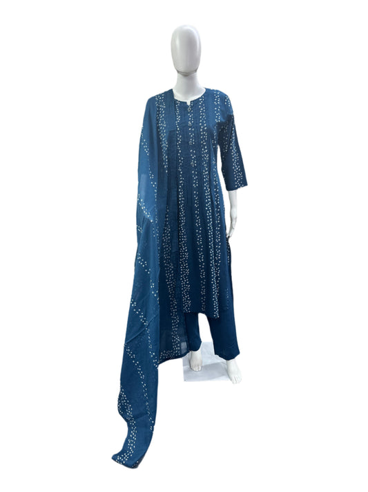 Breathable Cotton 3-Piece Ensemble - Contemporary Straight Top with Pintex &amp; Lightweight Mul Dupatta in Serene Teal Blue