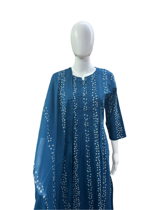 Breathable Cotton 3-Piece Ensemble - Contemporary Straight Top with Pintex &amp; Lightweight Mul Dupatta in Serene Teal Blue