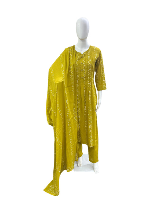 Cotton - 3 piece set - Straight top with Pintex on yoke and buttons, straight pants and Mul dupatta - Lemon