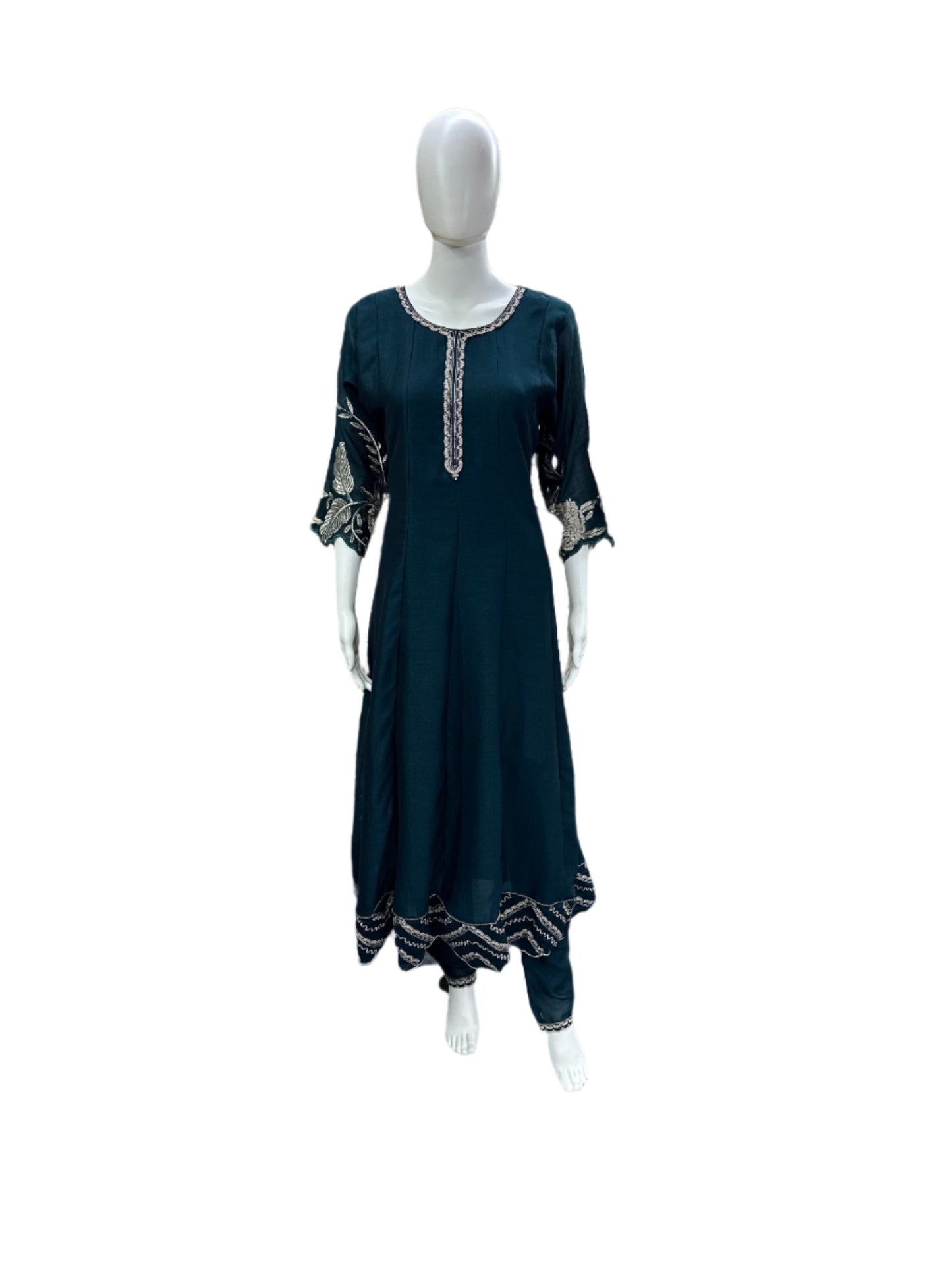 Luxurious Chinnon 3-Piece Anarkali Ensemble - Exquisite Work on Yoke &amp; Hemline with Heavy Dupatta in Majestic Peacock Green