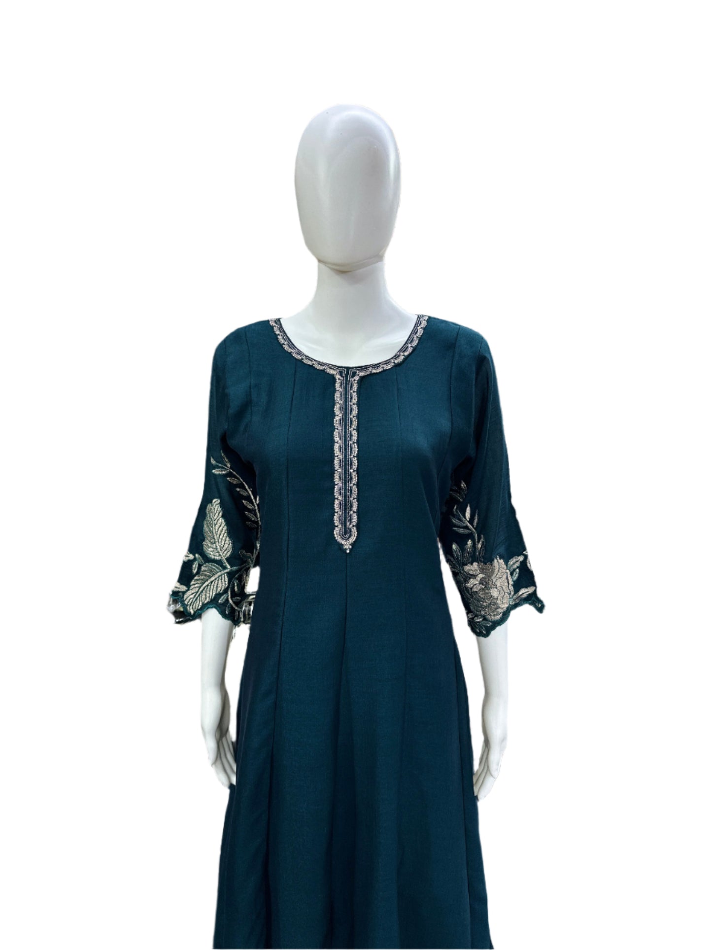 Luxurious Chinnon 3-Piece Anarkali Ensemble - Exquisite Work on Yoke &amp; Hemline with Heavy Dupatta in Majestic Peacock Green