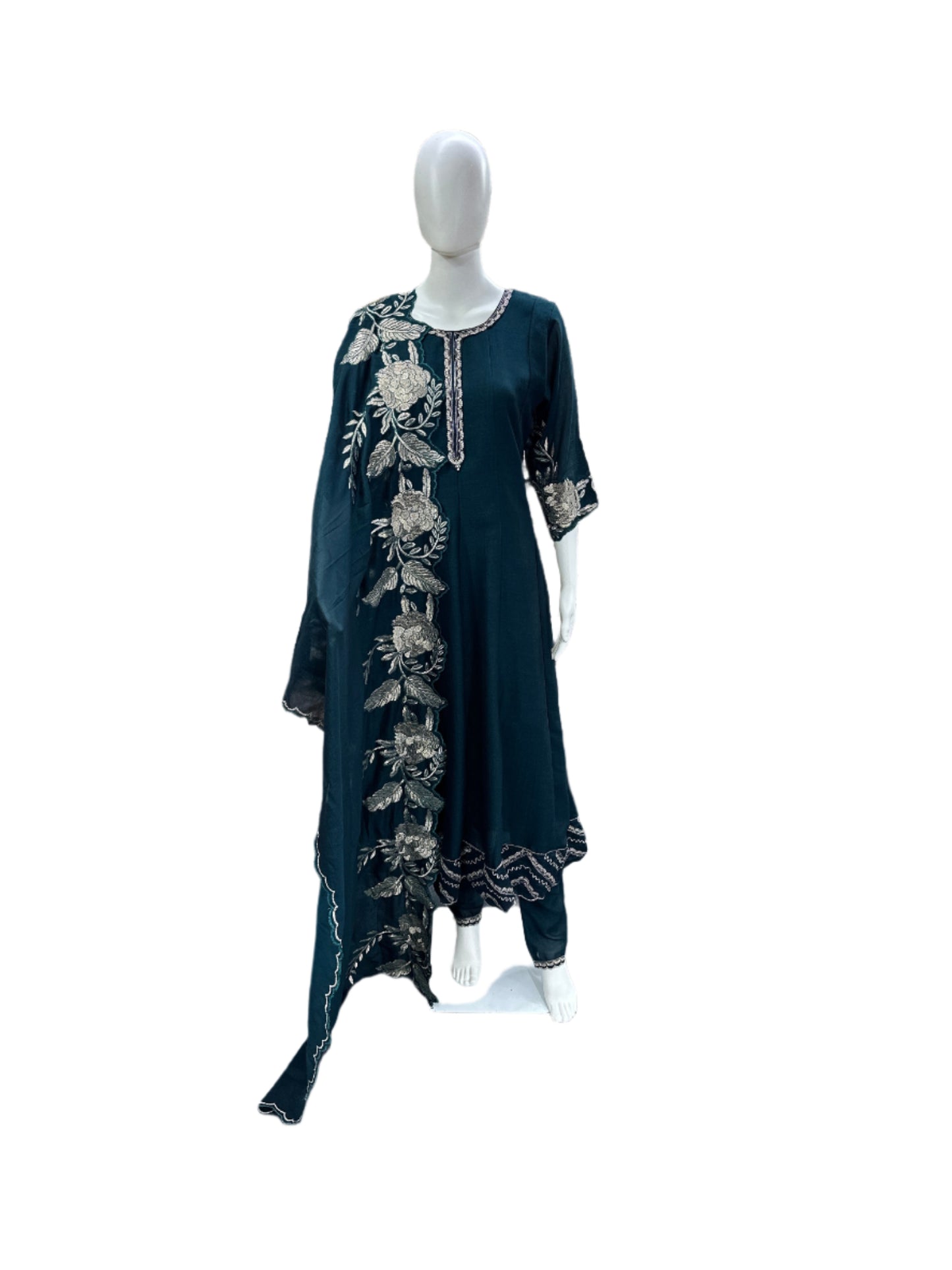 Luxurious Chinnon 3-Piece Anarkali Ensemble - Exquisite Work on Yoke &amp; Hemline with Heavy Dupatta in Majestic Peacock Green