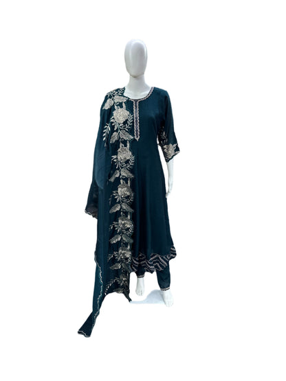 Luxurious Chinnon 3-Piece Anarkali Ensemble - Exquisite Work on Yoke &amp; Hemline with Heavy Dupatta in Majestic Peacock Green