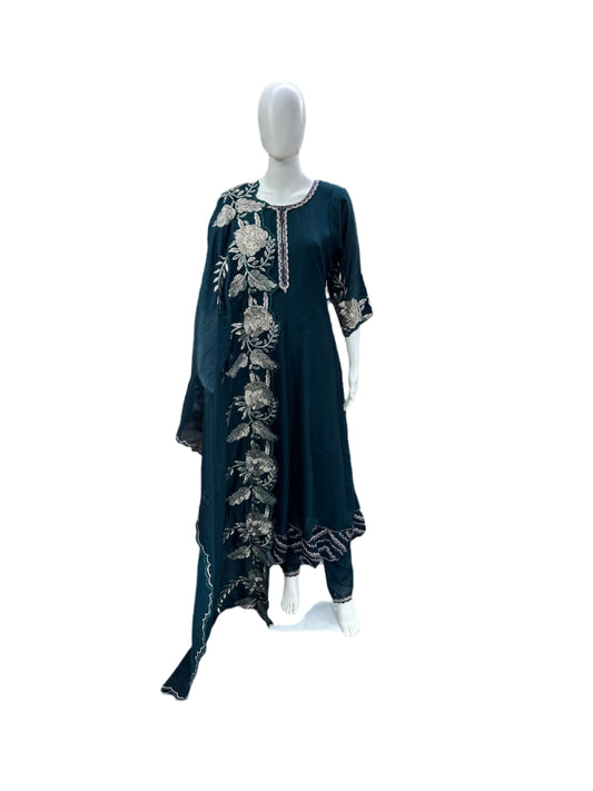 Luxurious Chinnon 3-Piece Anarkali Ensemble - Exquisite Work on Yoke &amp; Hemline with Heavy Dupatta in Majestic Peacock Green