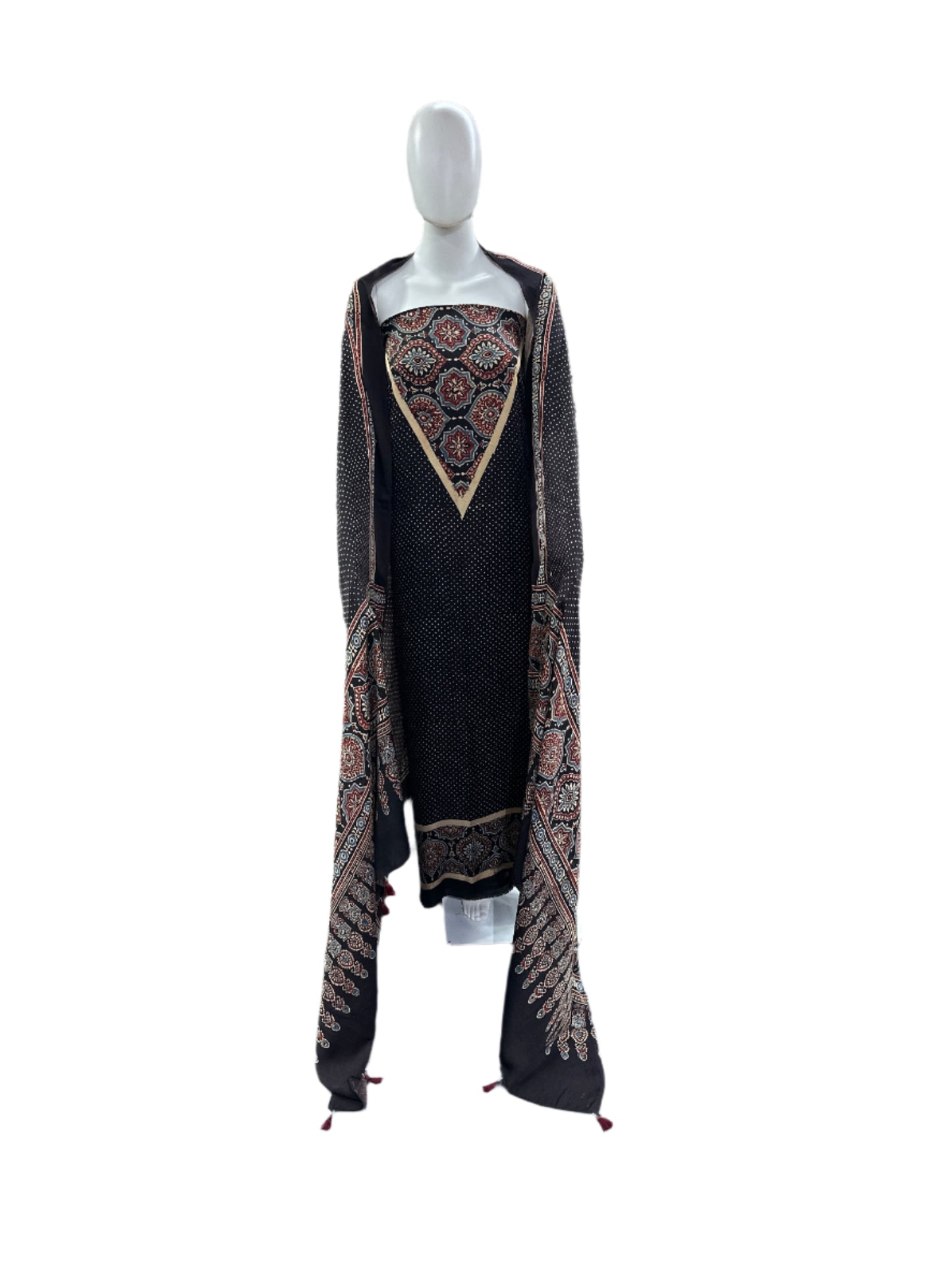 Un-Stitched - Modal Silk - 2 Piece (Dupatta & Top) - Handblock Ajrakh Print - Black