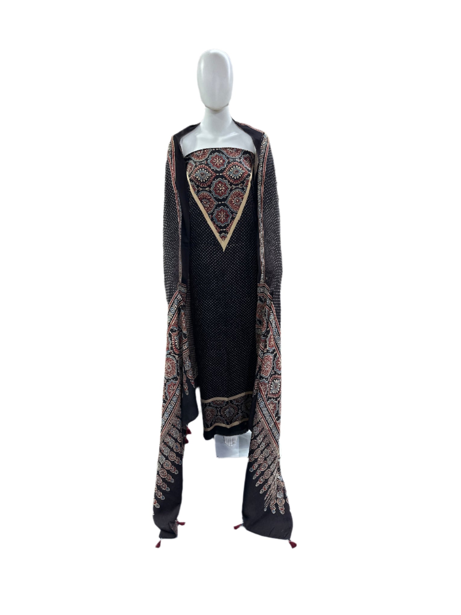 Un-Stitched - Modal Silk - 2 Piece (Dupatta & Top) - Handblock Ajrakh Print - Black
