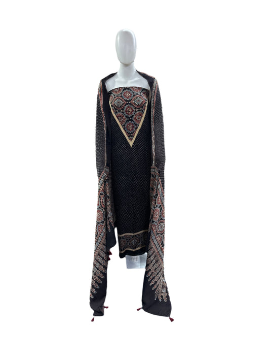 Un-Stitched - Modal Silk - 2 Piece (Dupatta & Top) - Handblock Ajrakh Print - Black